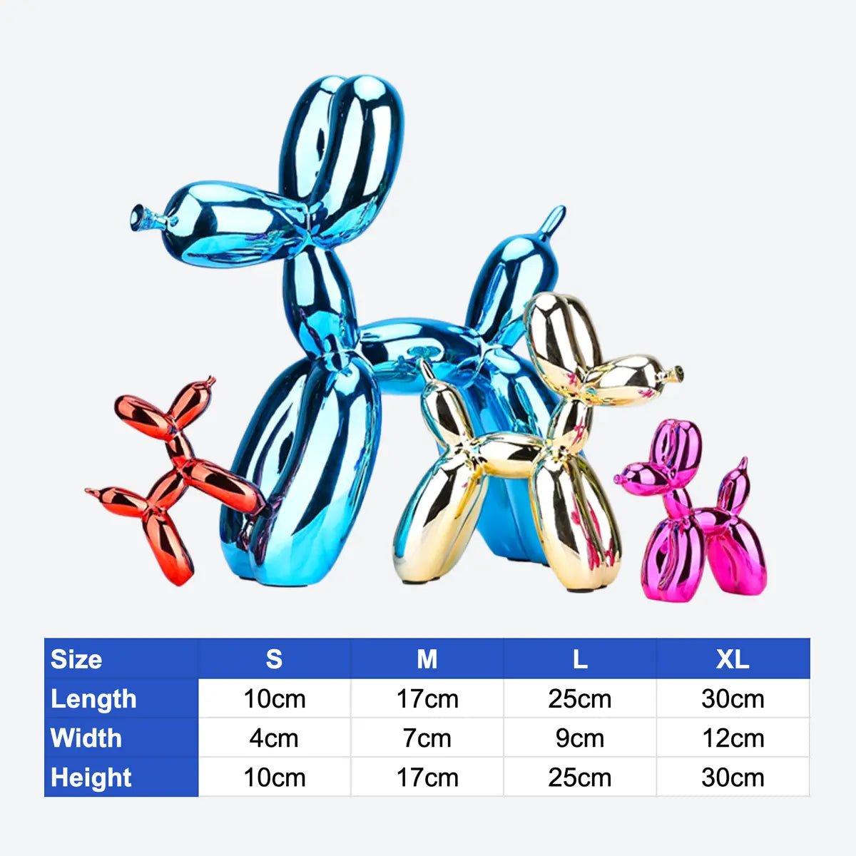 Balloon dog sculptures in multiple metallic colours shown alongside a size comparison chart with dimensions for S, M, L, and XL